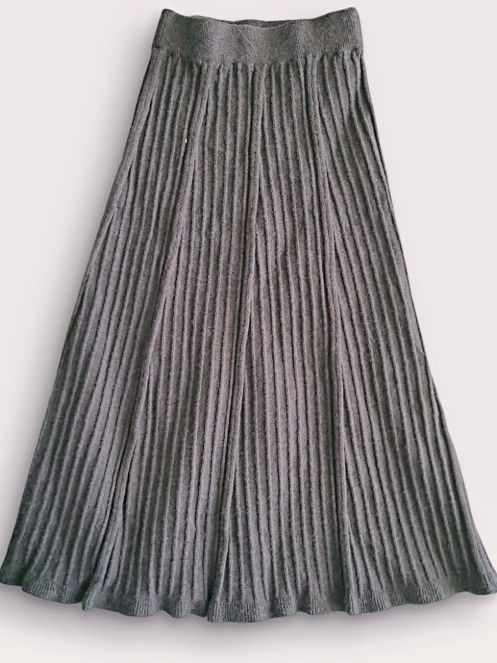 Vintage Beige Ribbed Knit Maxi Skirt Minimalist Knitwear (M)